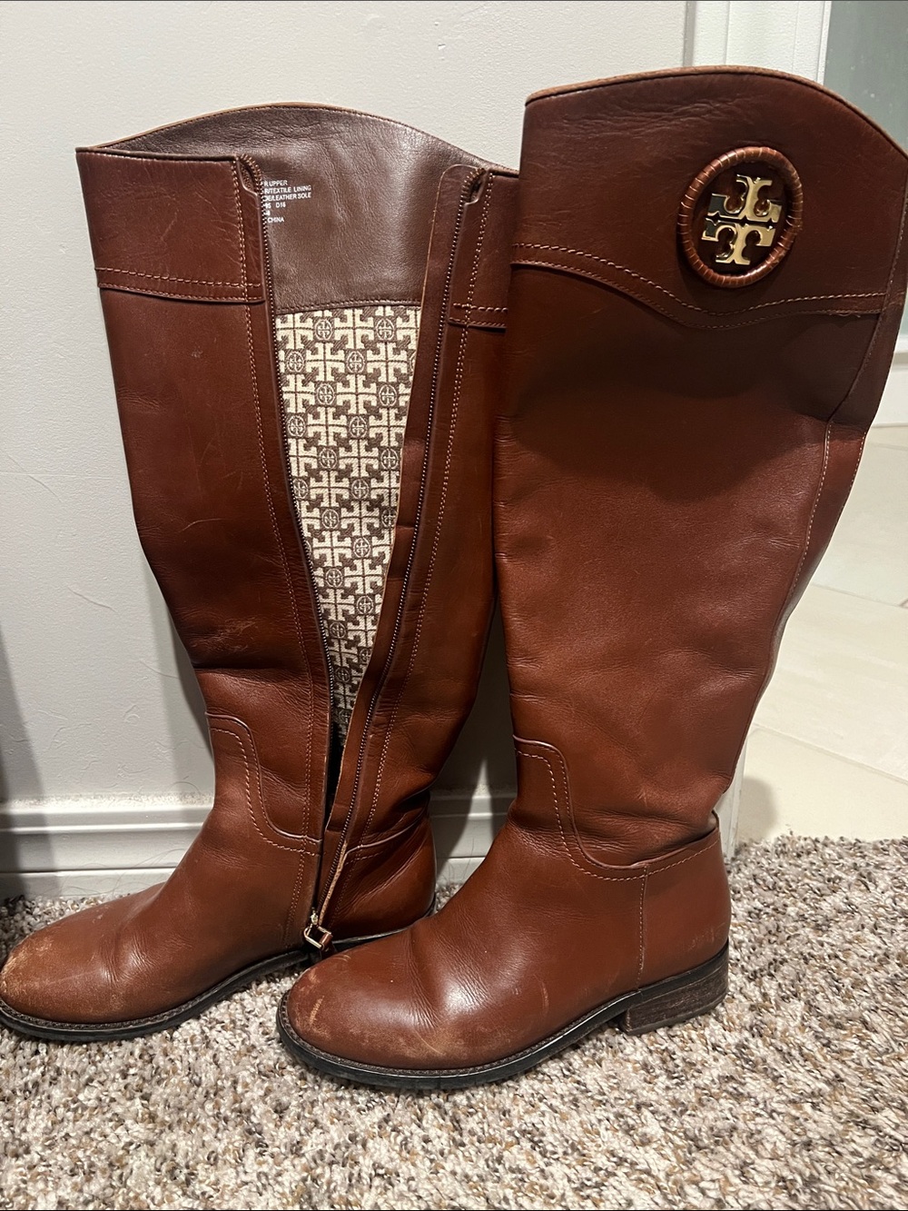 Tory Burch Chestnut Brown Logo Leather Tall Riding Boots